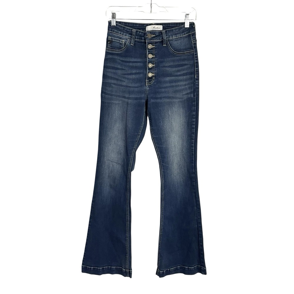 Kancan Womens Exposed Button Fly Jeans Sz 9/28 Blue Curvy Flare Hi Rise Stretch